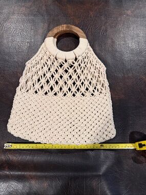 Cream Macramé Tote with Wooden Ring Handles